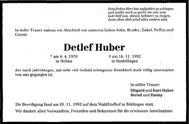 Huber Detlev 1970-1992 Todesanzeige